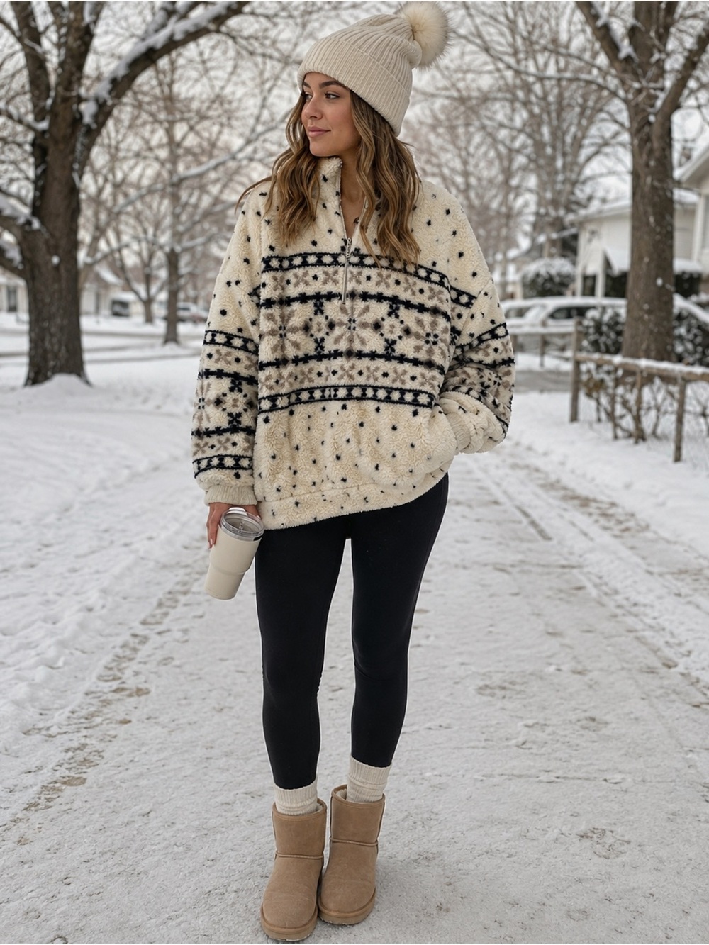LOFT Cream and Black Patterned Turtleneck Sweater